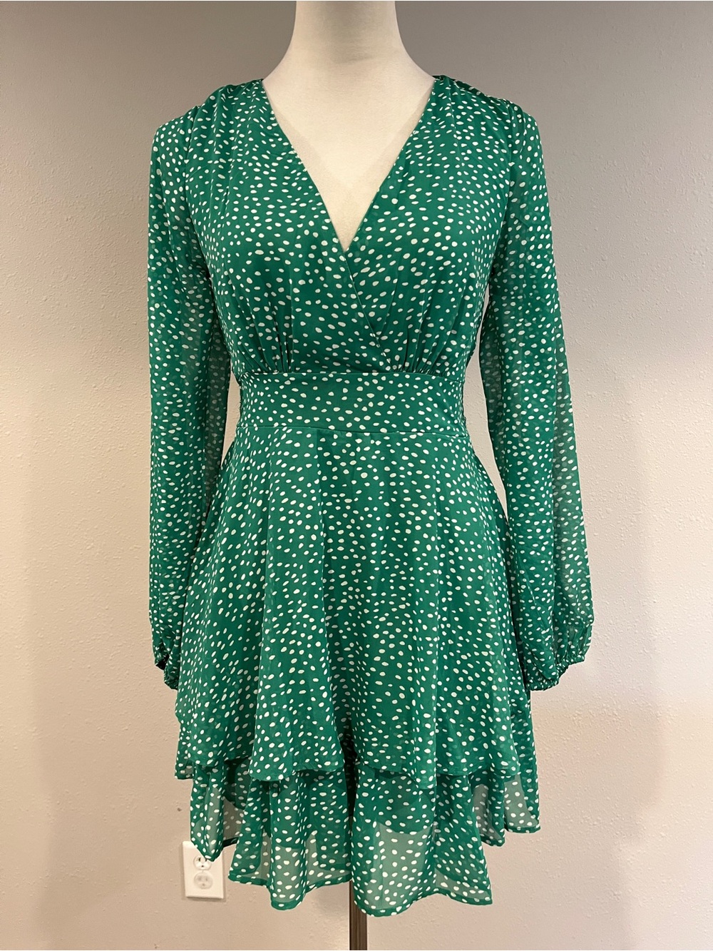 Japna Green Polka Dot fake wrap V-Neck Long Sleeve Dress size small